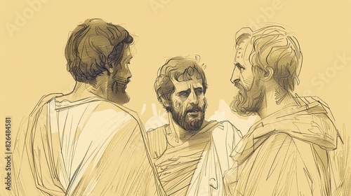 Biblical Illustration of Peter Confessing Jesus as Christ, Son of Living God, Near Caesarea Philippi, Beige Background, Copyspace photo