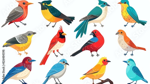 A set of cute and colorful bird illustrations. The birds are all different colors and have different markings. © Nijat