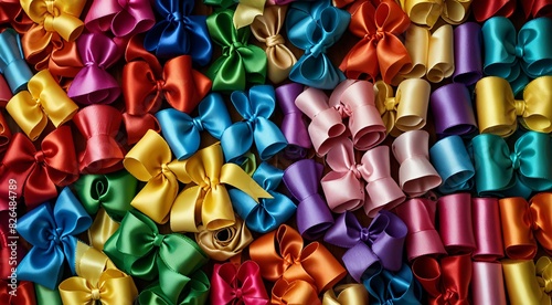  Assorted vibrant ribbons and bows for decoration.