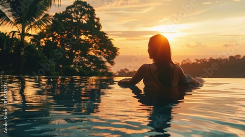 Serene Elegance  Sophisticated Woman Relaxing by Infinity Pool at Golden Hour with Breathtaking View