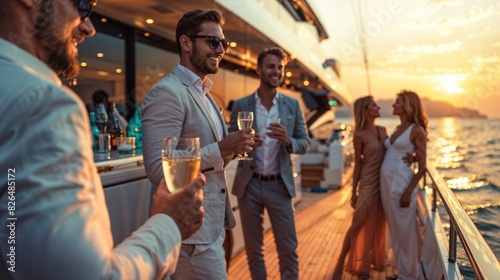 Obraz na płótnie Luxury Yacht Party at Sunset: well-dressed peerson enjoying a party on a luxury yacht, sunset lighting w salonie