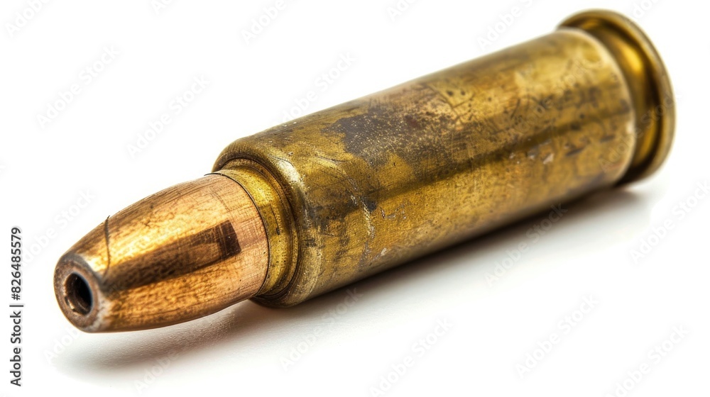 Bullet Shell. Side View of Brass Caliber Munition Isolated on Shiny White Background Bullet Shell. Side View of Brass Caliber Munition Isolated on Shiny White Background