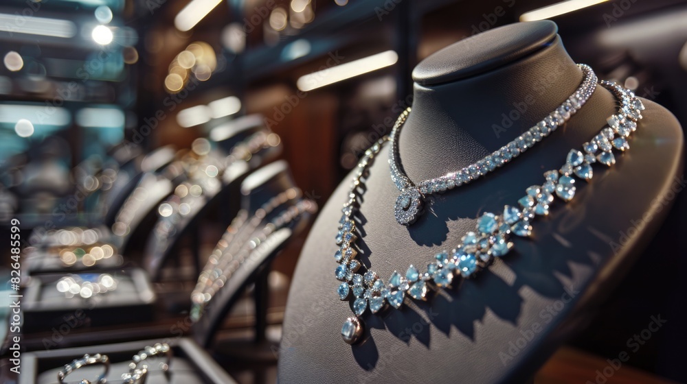 Sparkling Elegance: Close-up of High-End Jewelry Pieces in Luxurious Boutique Display with Bright Indoor Lighting Sparkling Elegance: Close-up of High-End Jewelry Pieces in Luxurious Boutique Display with Bright Indoor Lighting
