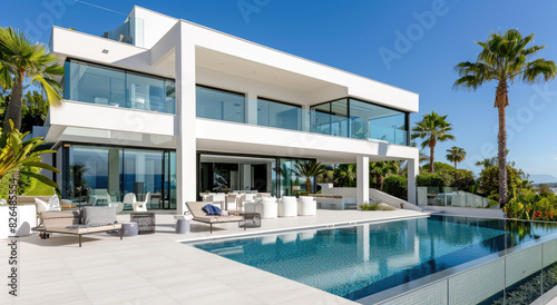 A modern house with a pool and terrace, swimming design, white walls, wooden floor © Kien