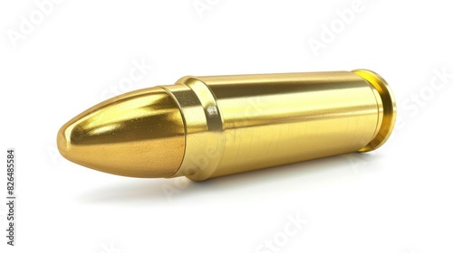 Bullet Shell. Side View of Caliber Munition  Shiny Brass Metal Weapon Isolated on White Background