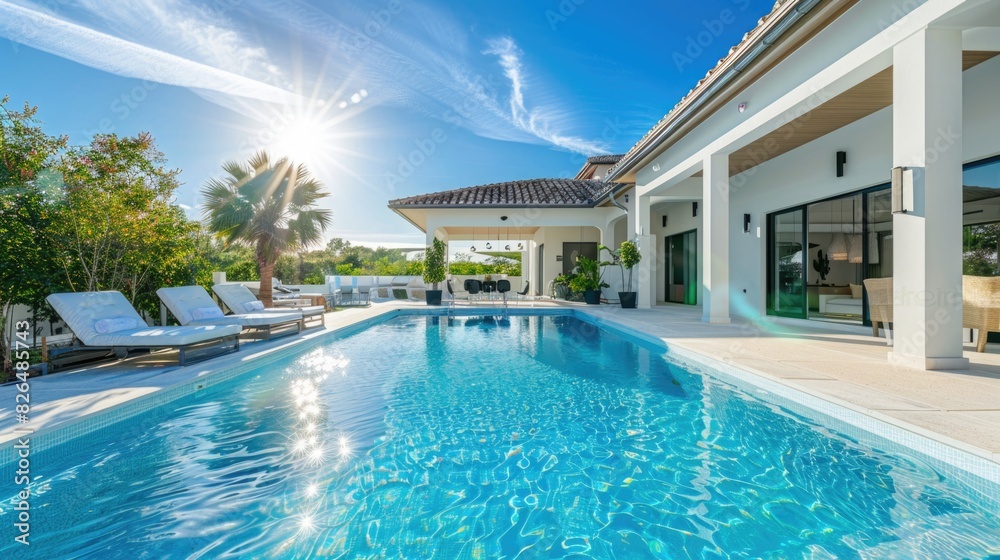 Fototapeta premium Luxurious Villa Oasis: Stunning Exterior with Private Pool and Sunlit Ambiance