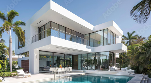 A modern house with a pool and terrace, swimming design, white walls, wooden floor © Kien