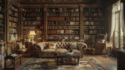 Opulent Home Library Oasis  Interior Design with Vintage Books and Luxurious Furnishings in Warm Illumination