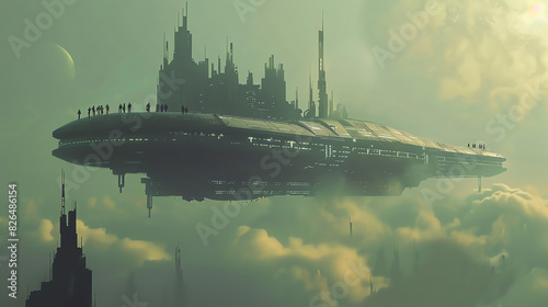 A large spaceship above the clouds. The spaceship is gray and has many buildings on it.