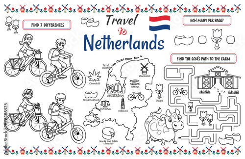 A fun placemat for kids. Printable “Travel to Netherlands” activity sheet with a labyrinth and find the differences. 17x11 inch printable vector file