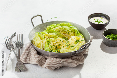 stewed steamed cabbage with butter, healthy vegetarian food
