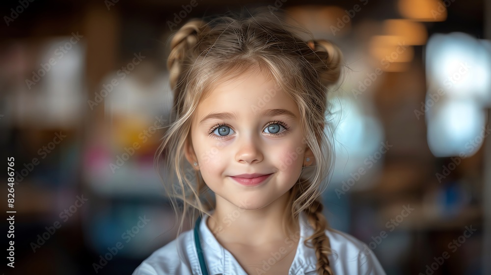 A young girl with blonde hair in pigtails, smiling warmly with a blurred background. Perfect for themes of childhood and happiness.