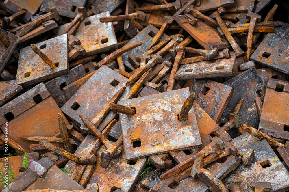 heap of rusty beasts, nails and mounting plates for old railway tracks heap of rusty beasts, nails and mounting plates for old railway tracks