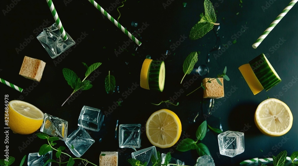 A table with a group of lemons, limes, and ice cubes, adorned with green and white striped straws A table with a group of lemons, limes, and ice cubes, adorned with green and white striped straws