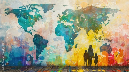 A silhouette of a family standing together in front of a vibrant world map, symbolizing global unity, diversity, and the shared human experience.