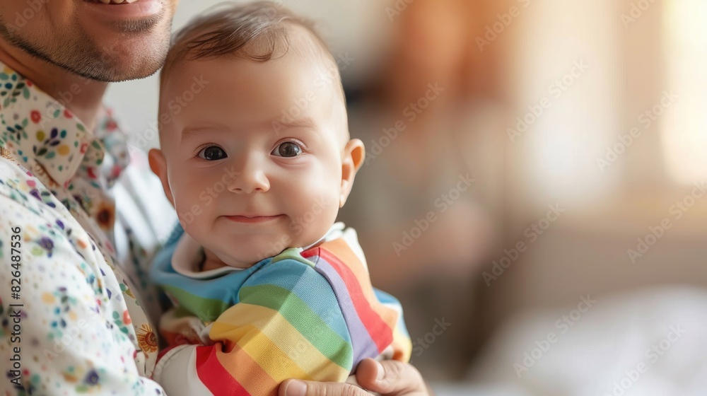 A baby in a rainbow-colored outfit being held by a loving parent, symbolizing innocence, love, and the acceptance of diversity. A baby in a rainbow-colored outfit being held by a loving parent, symbolizing innocence, love, and the acceptance of diversity.