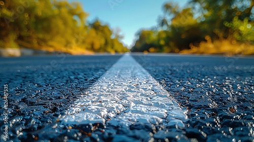 Close-up of a straight road with a white line, surrounded by greenery under a blue sky. Perfect for travel and journey concepts.