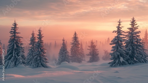 Snow-covered fir trees stand against a soft pink sunrise sky in an enchanting winter landscape, evoking a serene and frosty atmosphere. © CHAKKAPONG