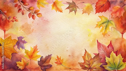 Vibrant watercolor autumn leaves surrounding a blank frame on a textured background  with copy space