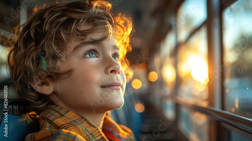 Curly-haired boy gazing out the window of a bus during sunset, with a thoughtful and hopeful expression. © ZethX