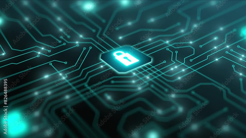 Security of data protection technology. The background is dark with subtle light effects to highlight key elements like wires and circuits.