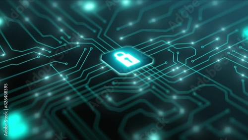 Security of data protection technology. The background is dark with subtle light effects to highlight key elements like wires and circuits.
