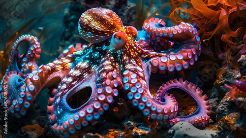 A colorful octopus camouflaging itself among the rocky seabed, its tentacles undulating with purpose. © PZ Studio