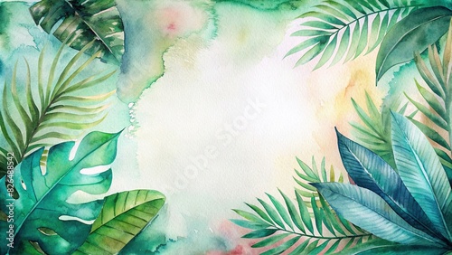 Tropical leaves watercolor painting with a blank frame and copy space in the background