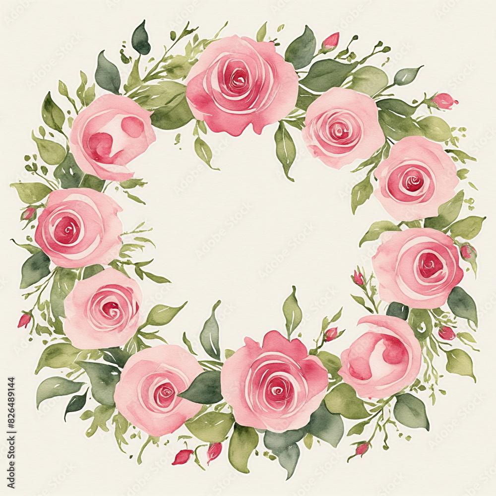 Watercolor wreath of Pink Boursault Rose Flower on an ivory background Watercolor wreath of Pink Boursault Rose Flower on an ivory background