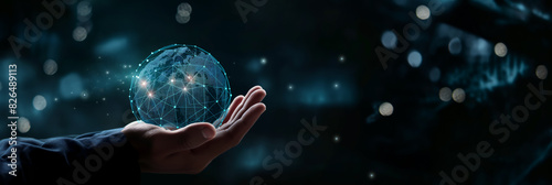 Businessman holding analytics cloud icons over an earth globe. Data graph. Global strategy for effective technology development. Banner.	