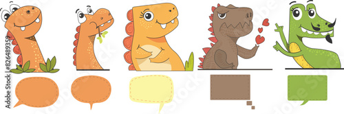 happy cute dinosaur cartoon with speech bubble vector set,vibrant colorful cartoon set. border design,corner design,timeline design,horizontal design.