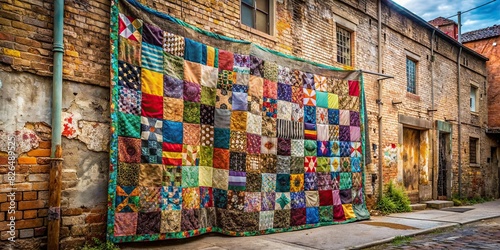 Cozy patchwork quilt hanging on a rustic wall with street art in the background