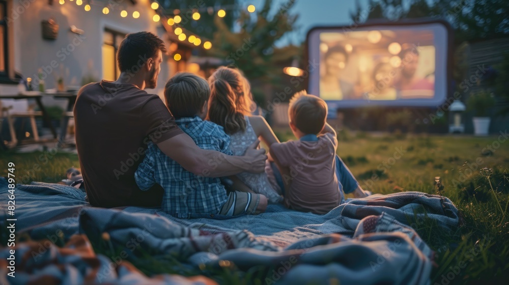Family Having a Movie Night in the Backyard: Parents and kids watching a movie on an outdoor projector, cozy blankets and fairy lights