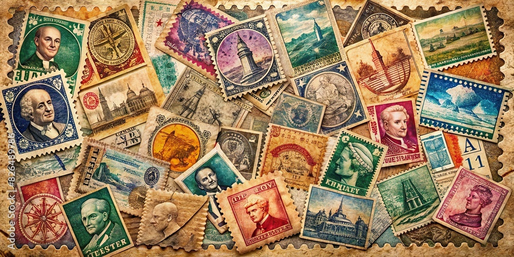 Vintage postage stamp collage on aged paper background with watercolor accents