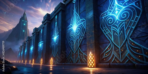 Primal tribal tattoos painted on a city wall with striking bold lines and glowing accents photo