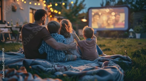 Obraz na płótnie Family Having a Movie Night in the Backyard: Parents and kids watching a movie on an outdoor projector, cozy blankets and fairy lights w salonie