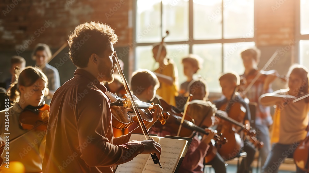 Fototapeta premium The photo shows a group of children playing violins in a room with a large window.
