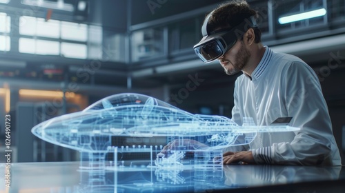 Engineer wearing VR glasses designs a military aircraft of the future