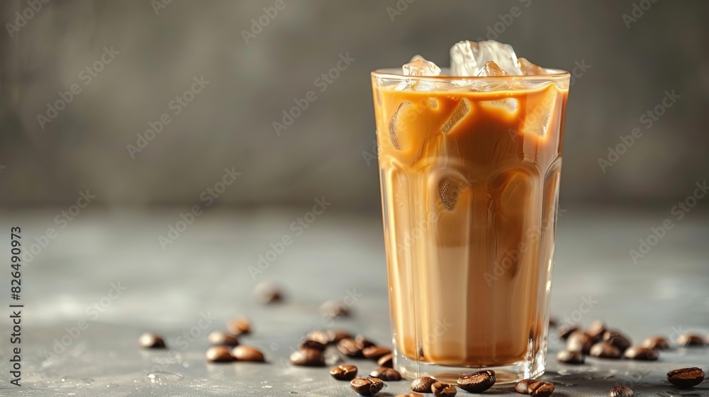 Closeup of a refreshing iced coffee with ice cubes and coffee beans on a rustic background. Closeup of a refreshing iced coffee with ice cubes and coffee beans on a rustic background.