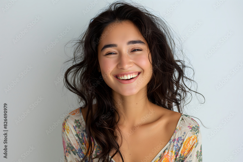 Joyful Young Woman with Wavy Hair and Floral Top Smiling Brightly at Camera Joyful Young Woman with Wavy Hair and Floral Top Smiling Brightly at Camera