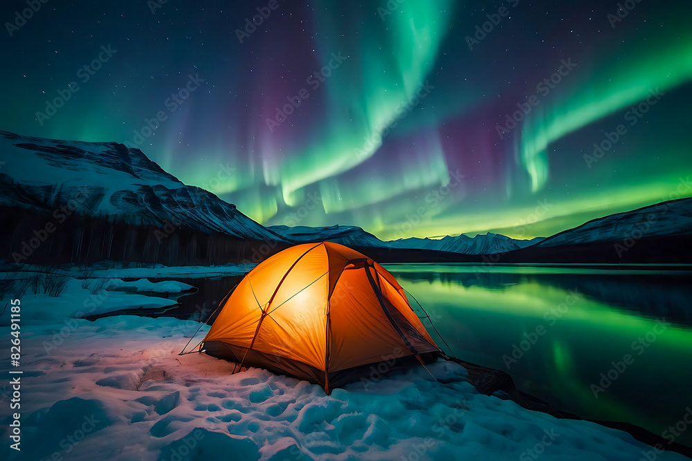 A glowing tent by a calm tranquil lake with the beautiful northern lights dancing in the sky