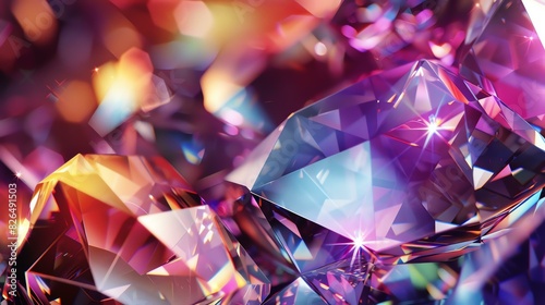 Colorful 3D rendering of sparkling diamonds with faceted edges and brilliant refraction of light. Pink  purple and blue hues.