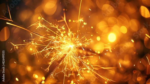 Glowing orange sparkler against blurred background with glowing lights.