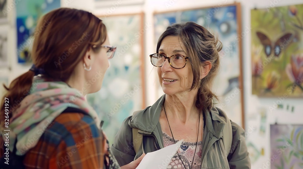 Two women are discussing something in an art gallery. Two women are discussing something in an art gallery.