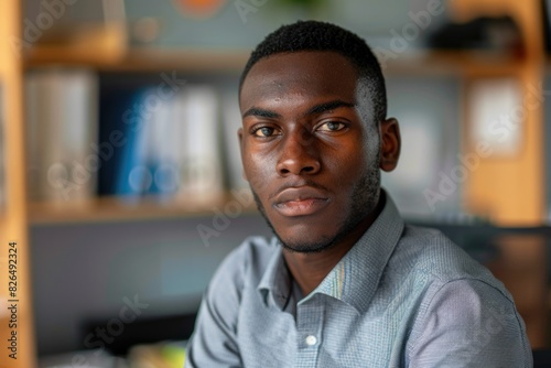 Young Man Looking At Camera. African American Businessman's Portrait in Office Environment