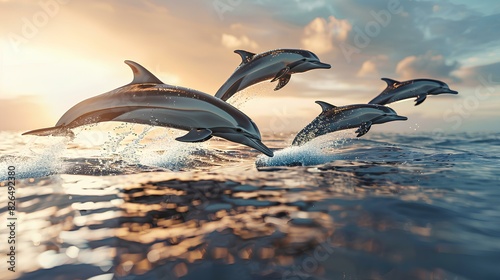 A family of dolphins leaping joyfully out of the water, their sleek bodies glistening in the sunlight.