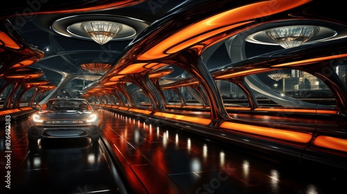 A high speed car rushes through a tunnel, in a futuristic night city