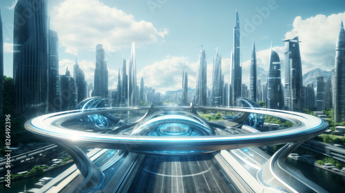 Futuristic metropolis, panoramic view of transport highways and skyscrapers, blue sky and bright sunny day
