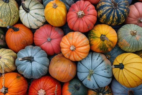 Fall Pumpkins. Colorful Collection of Squash and Pumpkin Varieties for Autumn Harvest Background
