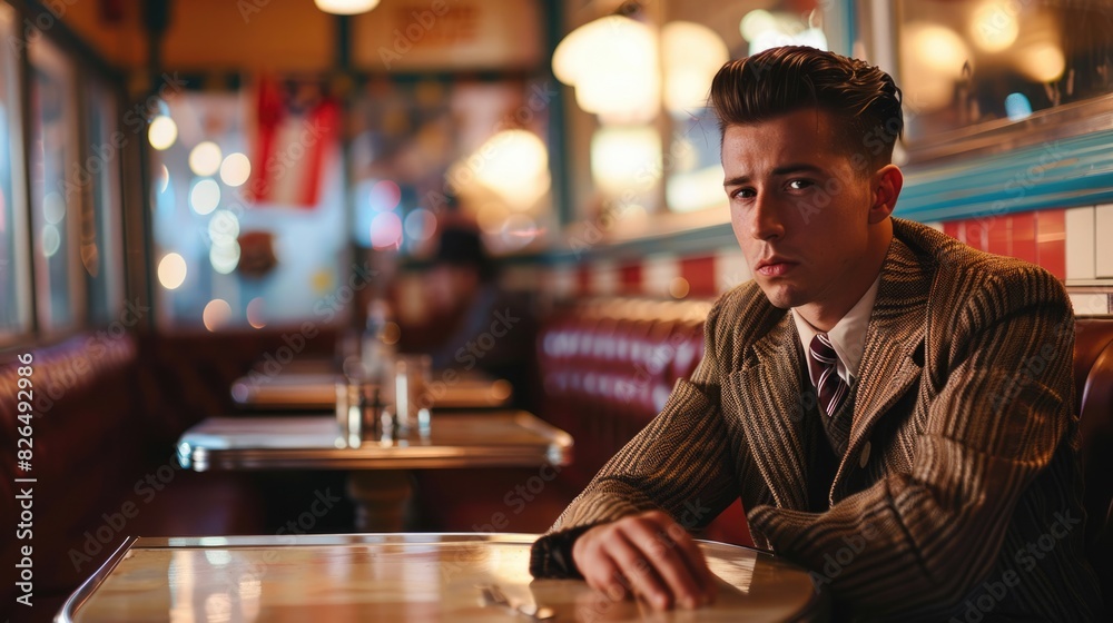 Nostalgic Man in 1950s Retro Fashion Enjoying a Meal at Vintage Diner with Warm Ambiance Nostalgic Man in 1950s Retro Fashion Enjoying a Meal at Vintage Diner with Warm Ambiance